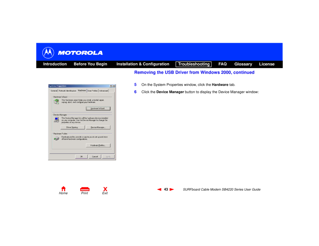 Motorola SB4220 manual Removing the USB Driver from Windows 