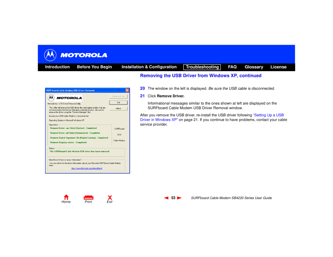 Motorola SB4220 manual Click Remove Driver 