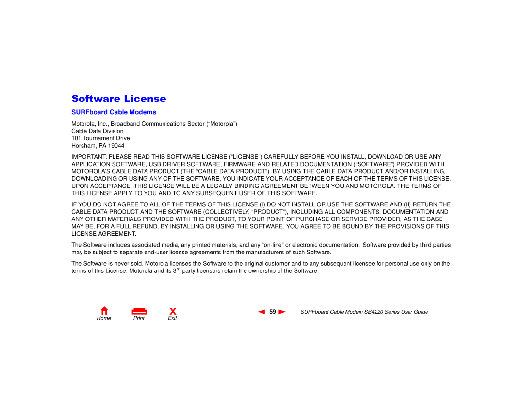 Motorola SB4220 manual Software License, SURFboard Cable Modems 