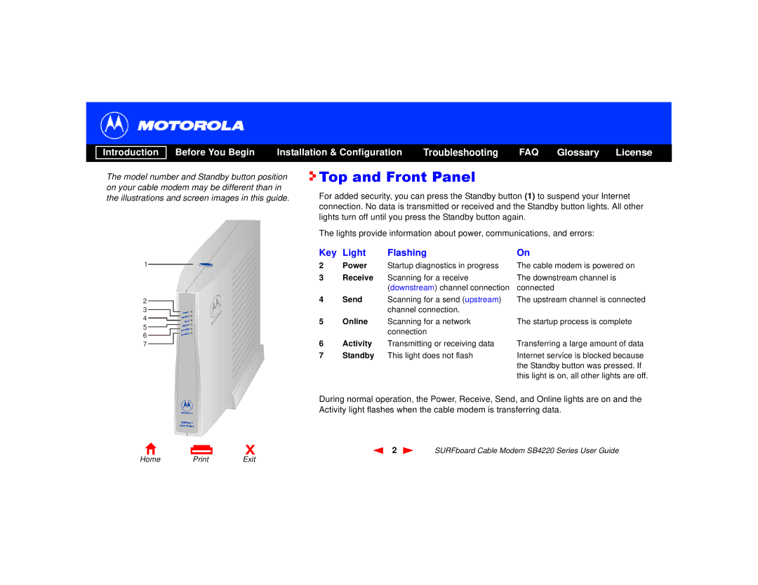 Motorola SB4220 manual Top and Front Panel, Key Light Flashing 