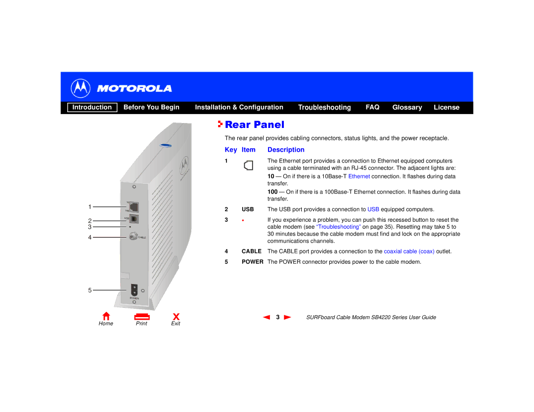 Motorola SB4220 manual Rear Panel, Key Item Description 