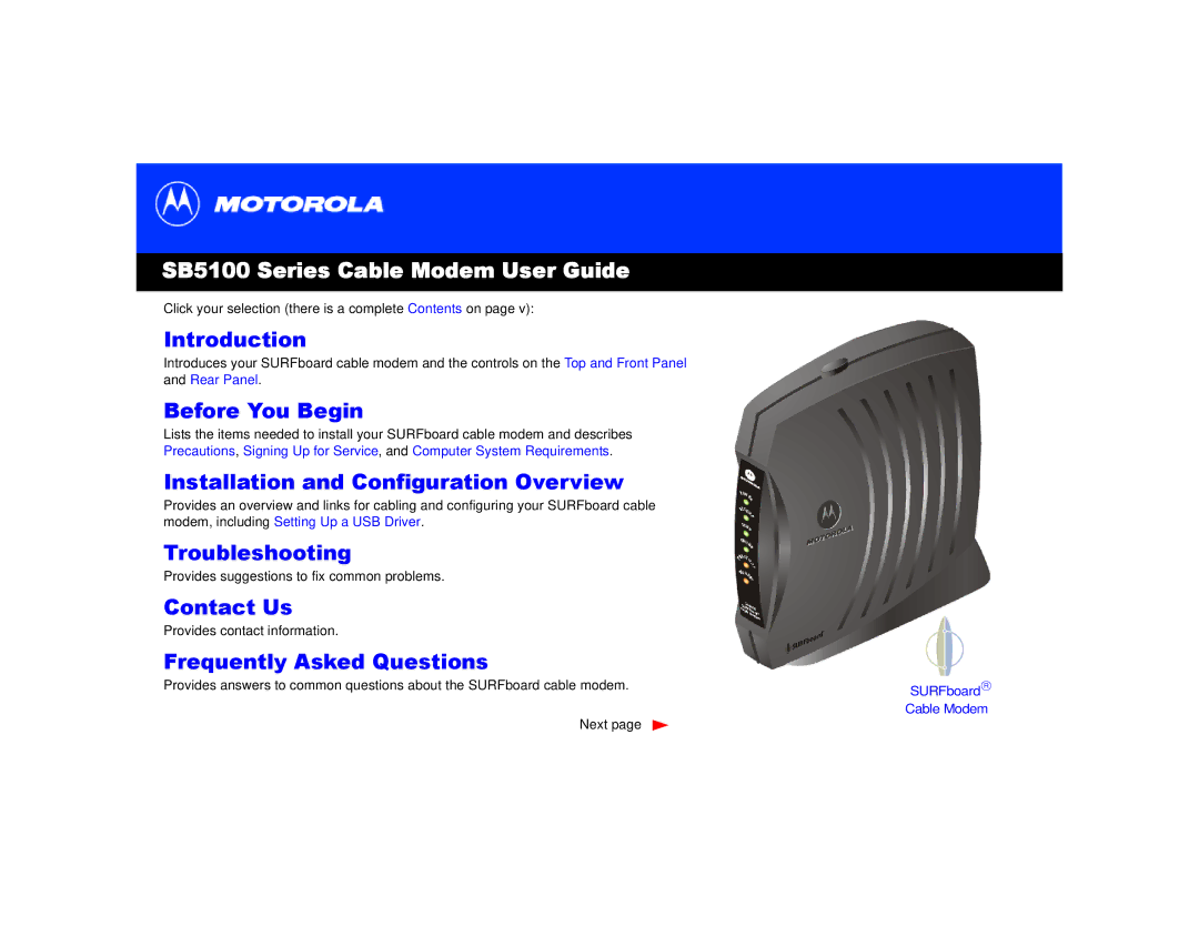 Motorola 505788-006-00 manual SB5100 Series Cable Modem User Guide 