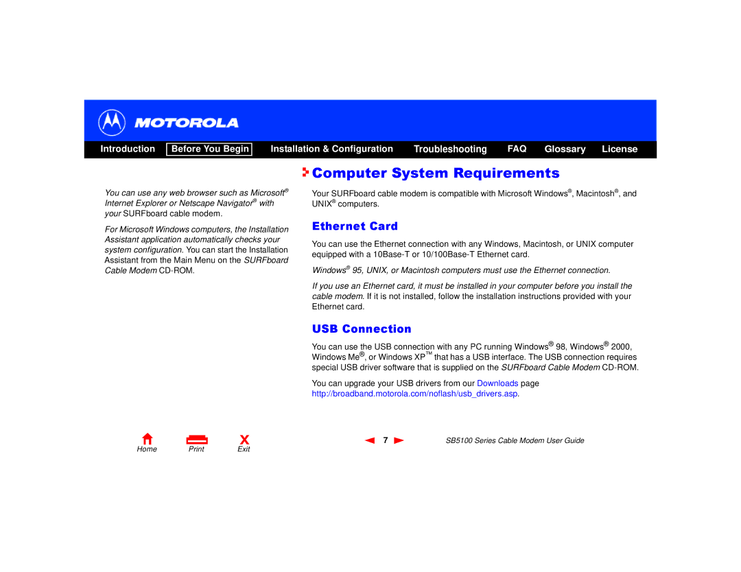 Motorola 505788-006-00, SB5100 Series manual Computer System Requirements, Ethernet Card 