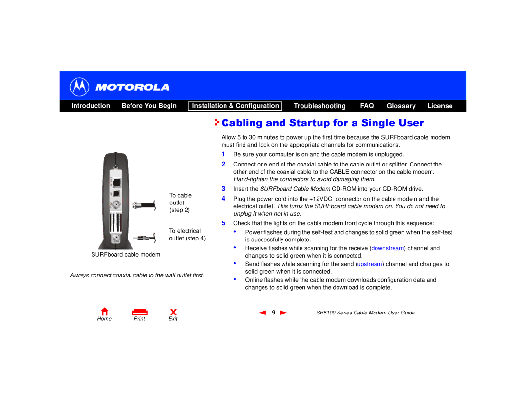 Motorola 505788-006-00, SB5100 Series manual Cabling and Startup for a Single User, Thernet USB 