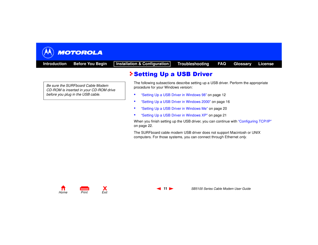 Motorola 505788-006-00, SB5100 Series manual Setting Up a USB Driver 