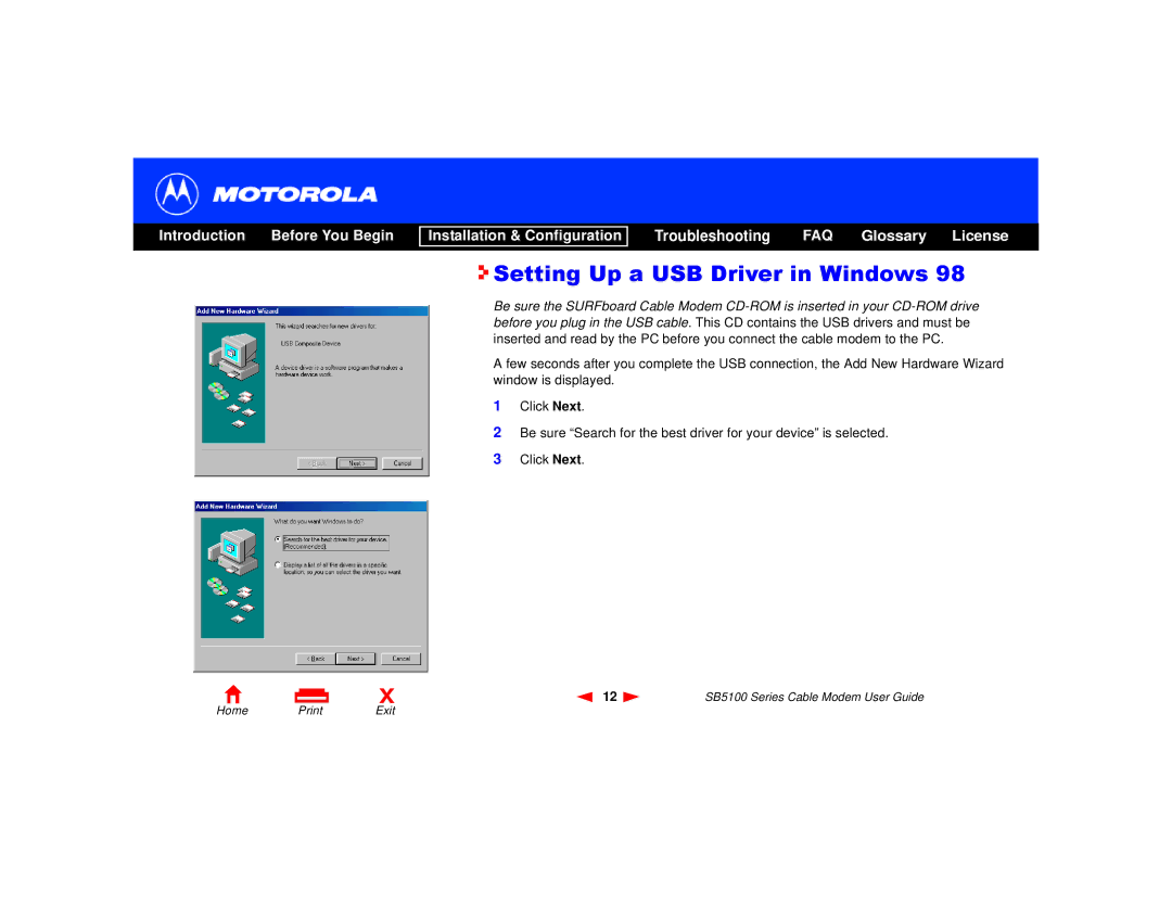 Motorola SB5100 Series, 505788-006-00 manual Setting Up a USB Driver in Windows 