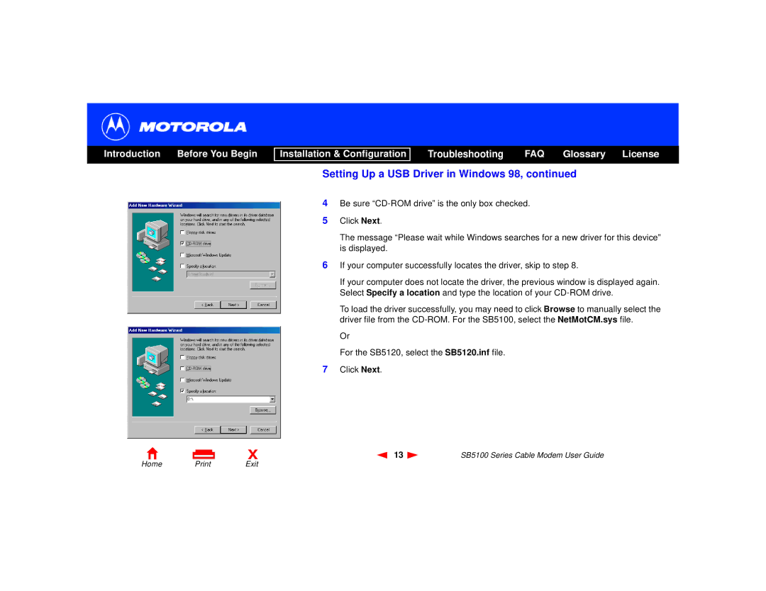 Motorola 505788-006-00, SB5100 Series manual Setting Up a USB Driver in Windows 