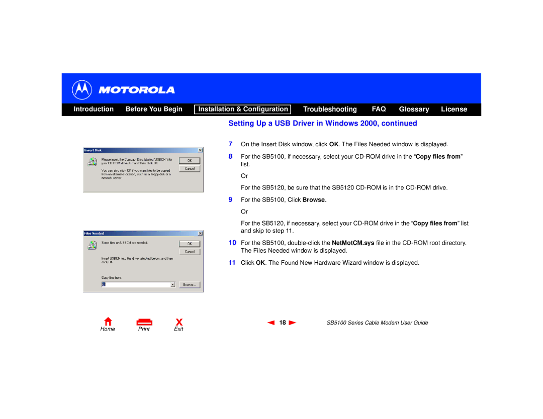 Motorola SB5100 Series, 505788-006-00 manual Setting Up a USB Driver in Windows 