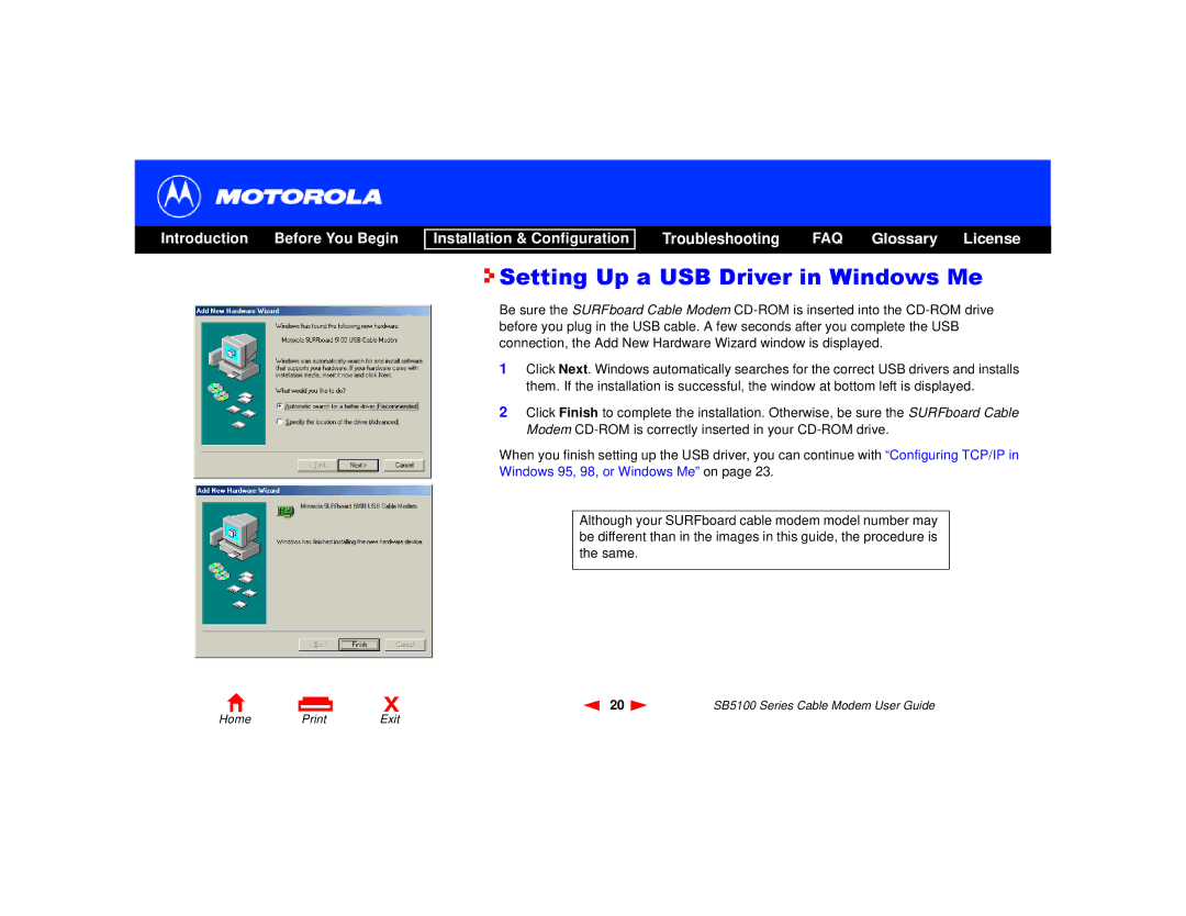 Motorola SB5100 Series, 505788-006-00 manual Setting Up a USB Driver in Windows Me 