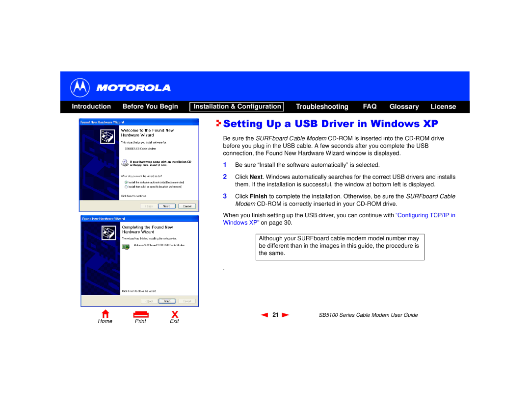 Motorola 505788-006-00, SB5100 Series manual Setting Up a USB Driver in Windows XP 