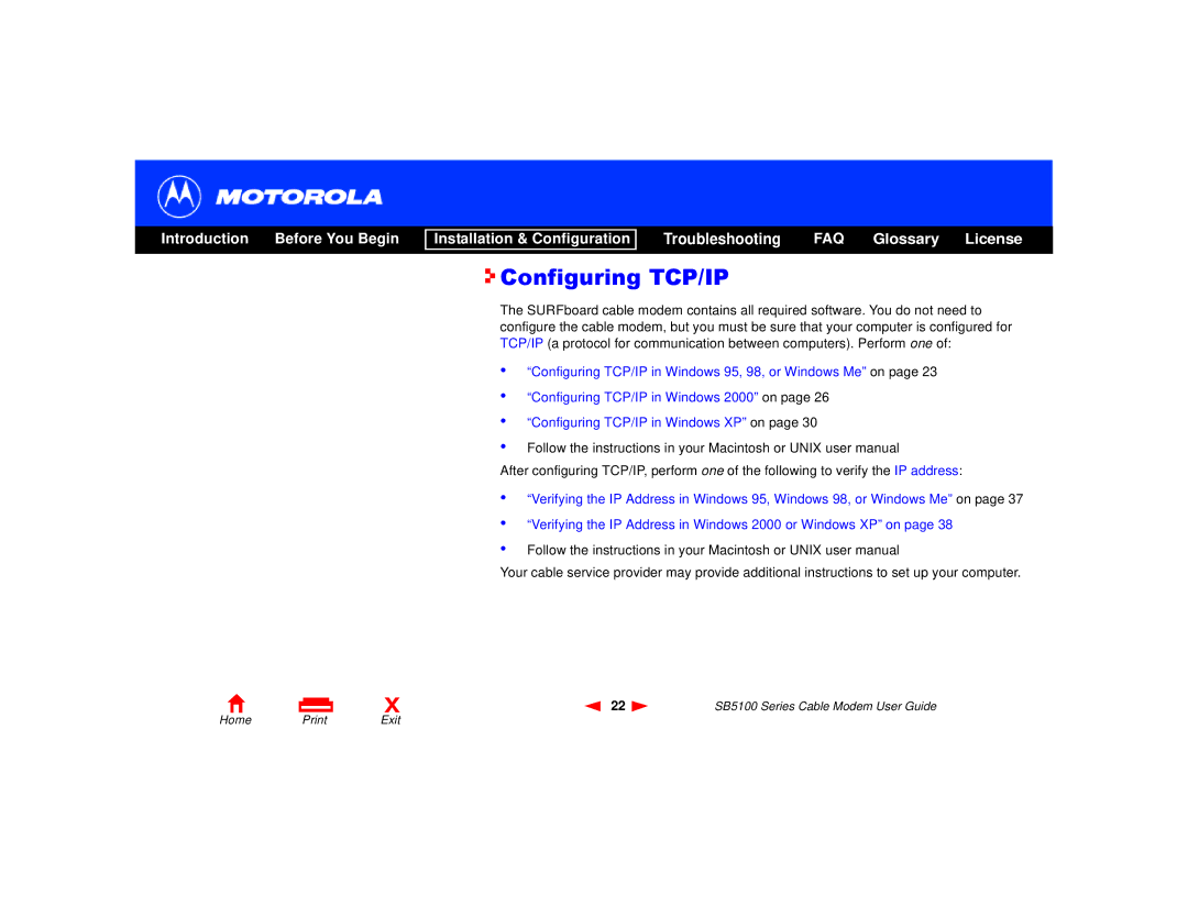 Motorola SB5100 Series, 505788-006-00 manual Configuring TCP/IP 