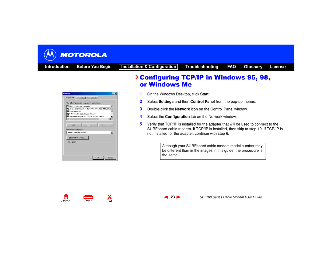 Motorola 505788-006-00, SB5100 Series manual Configuring TCP/IP in Windows 95, 98, or Windows Me 