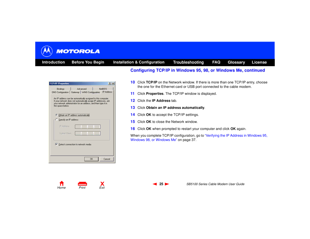 Motorola 505788-006-00, SB5100 Series manual Click Obtain an IP address automatically 