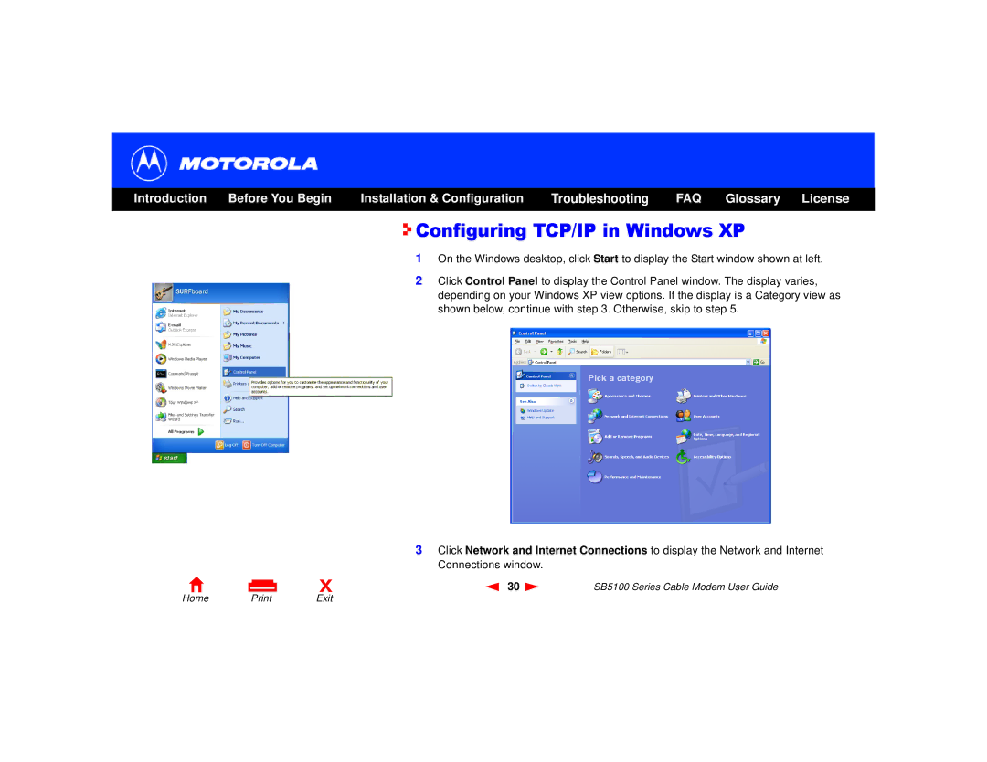 Motorola SB5100 Series, 505788-006-00 manual Configuring TCP/IP in Windows XP 