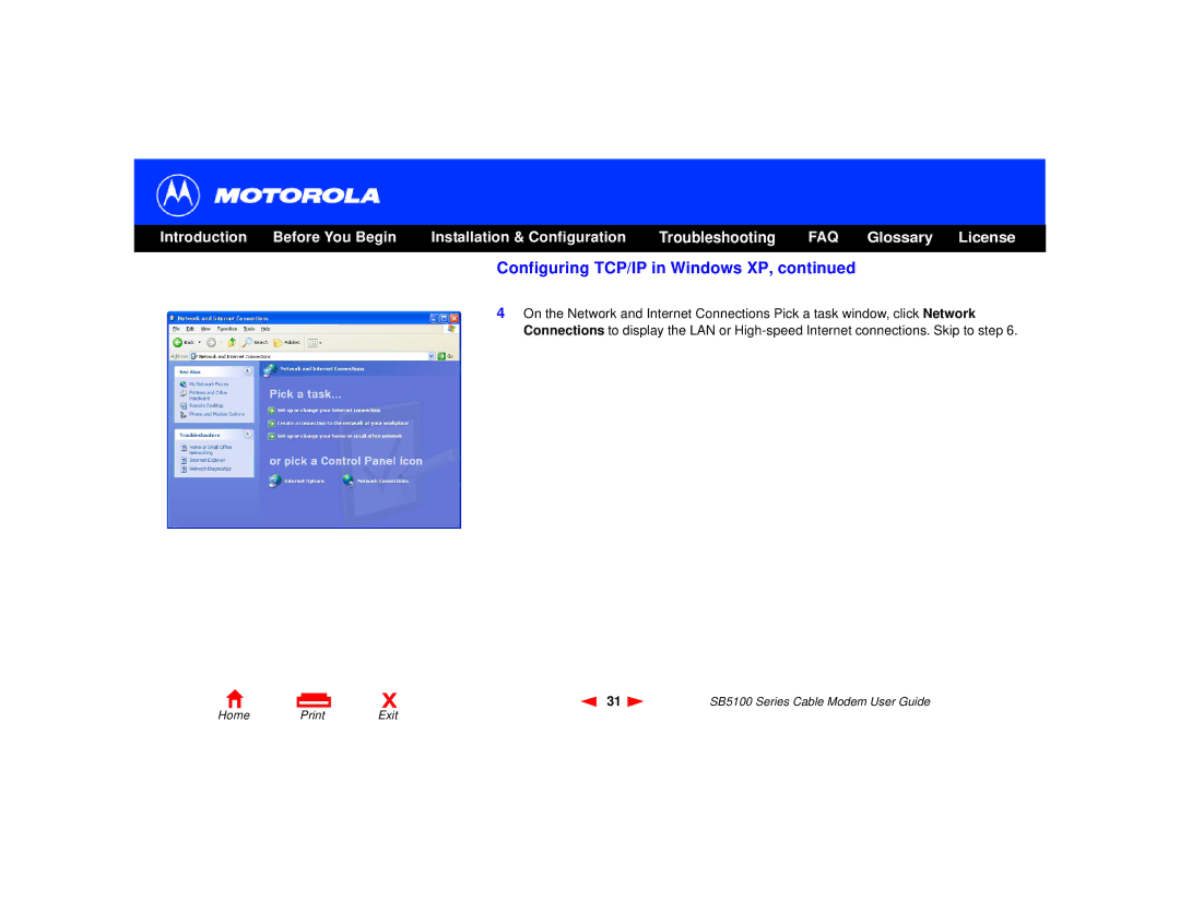 Motorola 505788-006-00, SB5100 Series manual Configuring TCP/IP in Windows XP 