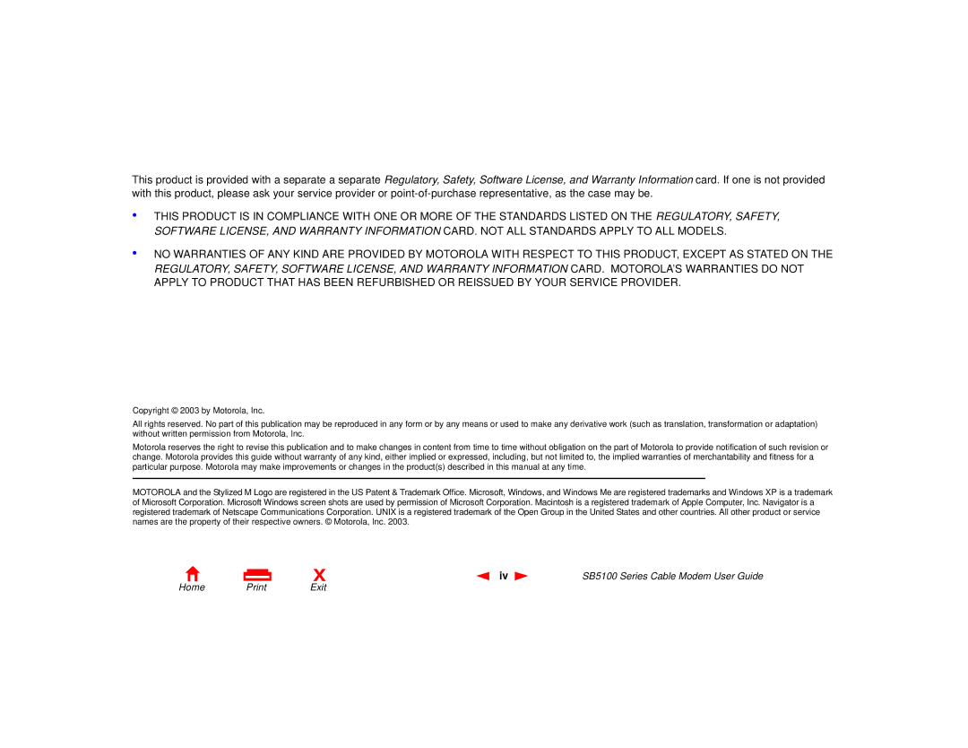 Motorola SB5100 Series, 505788-006-00 manual Home Print Exit 