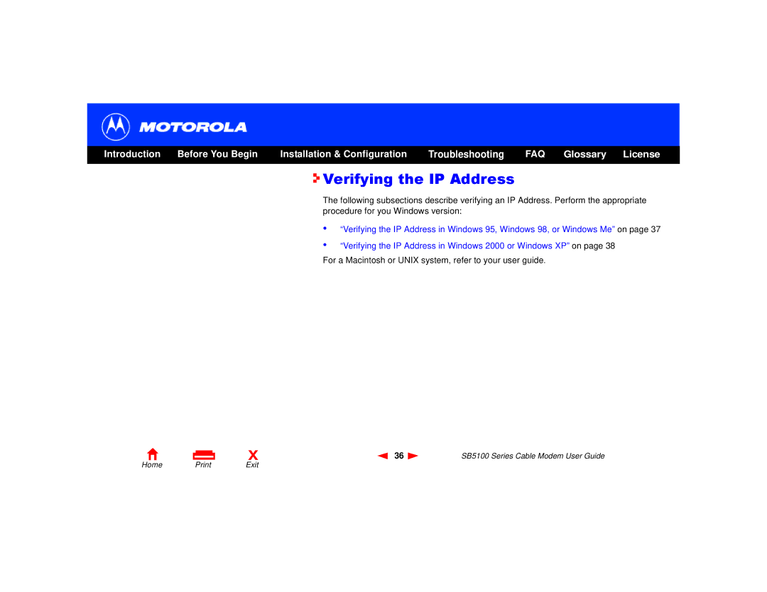 Motorola SB5100 Series, 505788-006-00 manual Verifying the IP Address 