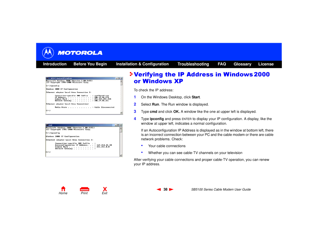 Motorola SB5100 Series, 505788-006-00 manual Verifying the IP Address in Windows 2000 or Windows XP 