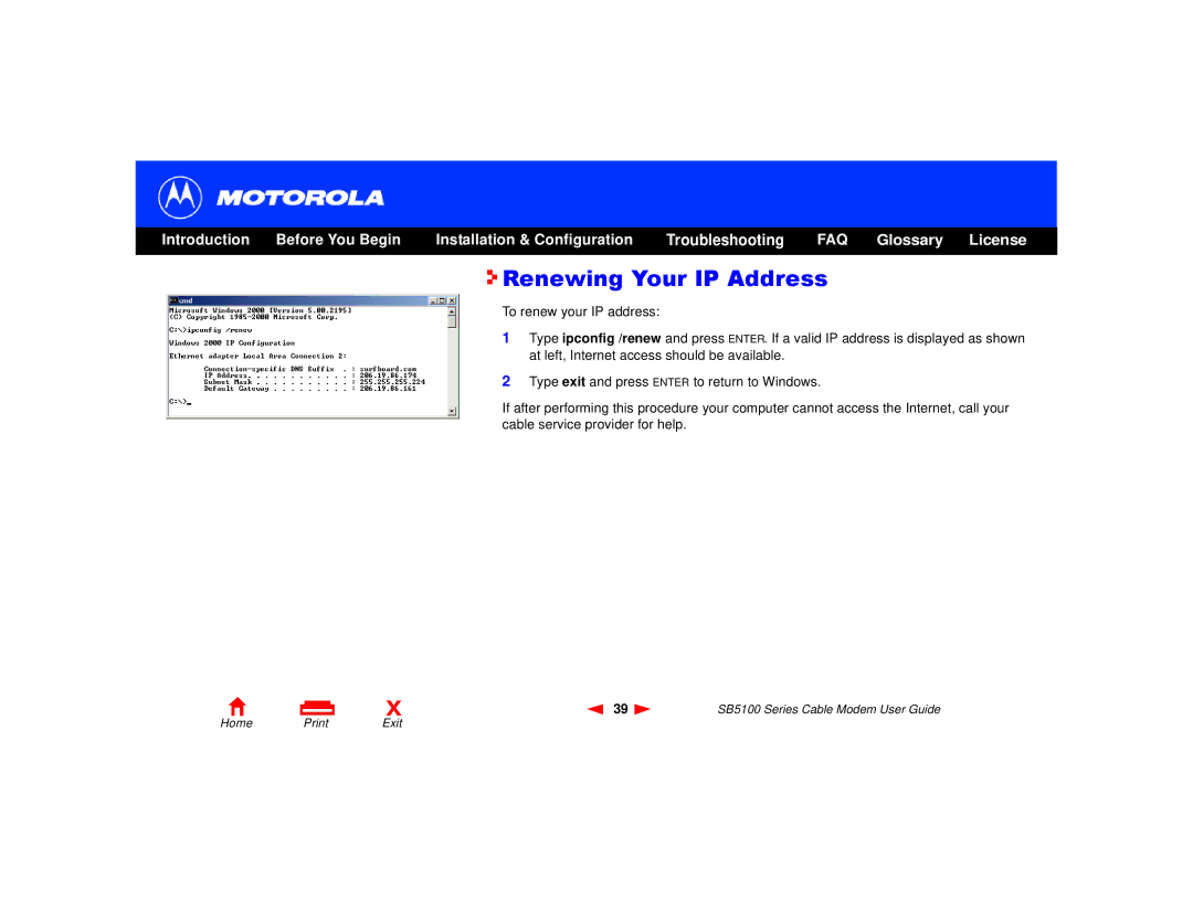 Motorola 505788-006-00, SB5100 Series manual Renewing Your IP Address 