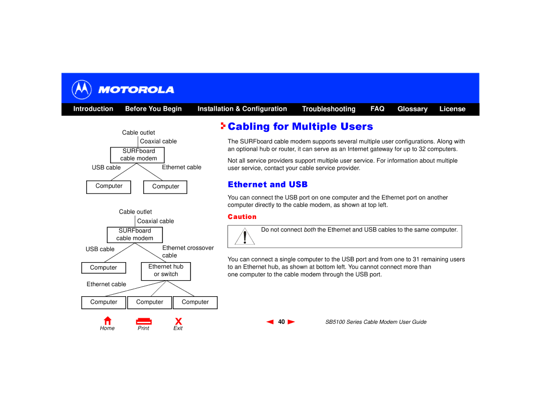 Motorola SB5100 Series, 505788-006-00 manual Cabling for Multiple Users, Ethernet and USB 