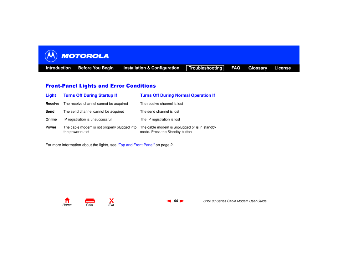 Motorola SB5100 Series, 505788-006-00 manual Front-Panel Lights and Error Conditions 