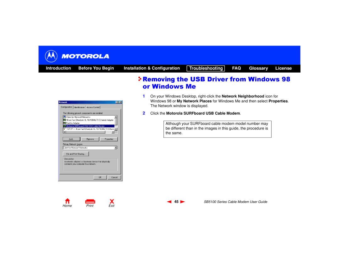 Motorola 505788-006-00 Removing the USB Driver from Windows 98 or Windows Me, Click the Motorola SURFboard USB Cable Modem 