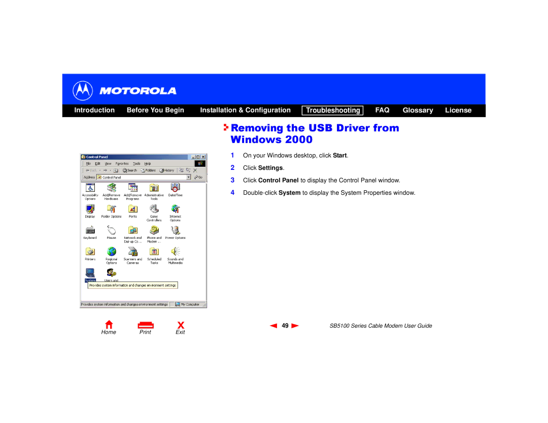 Motorola 505788-006-00, SB5100 Series manual Removing the USB Driver from Windows, Click Settings 