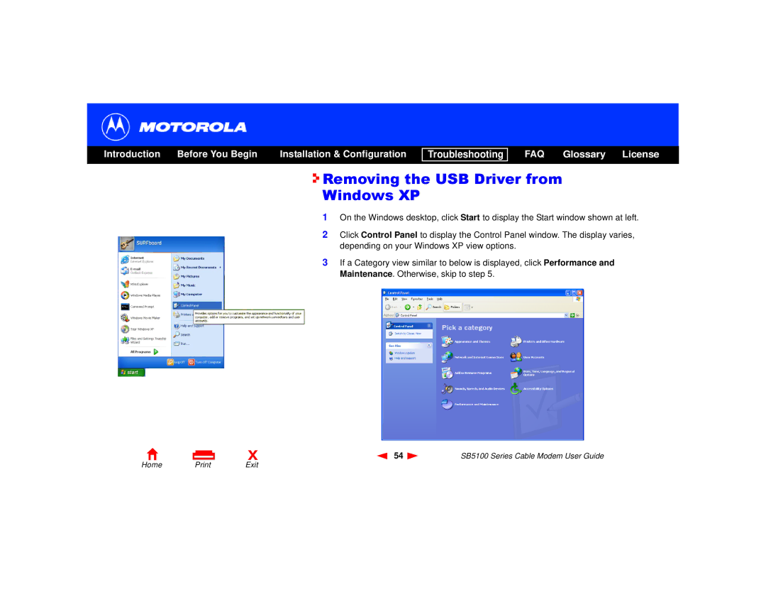 Motorola SB5100 Series, 505788-006-00 manual Removing the USB Driver from Windows XP 