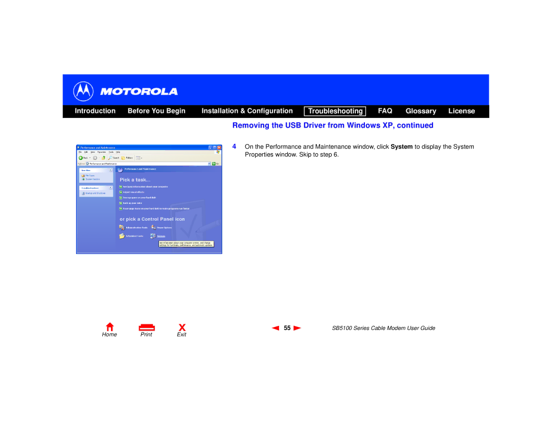 Motorola 505788-006-00, SB5100 Series manual Removing the USB Driver from Windows XP 