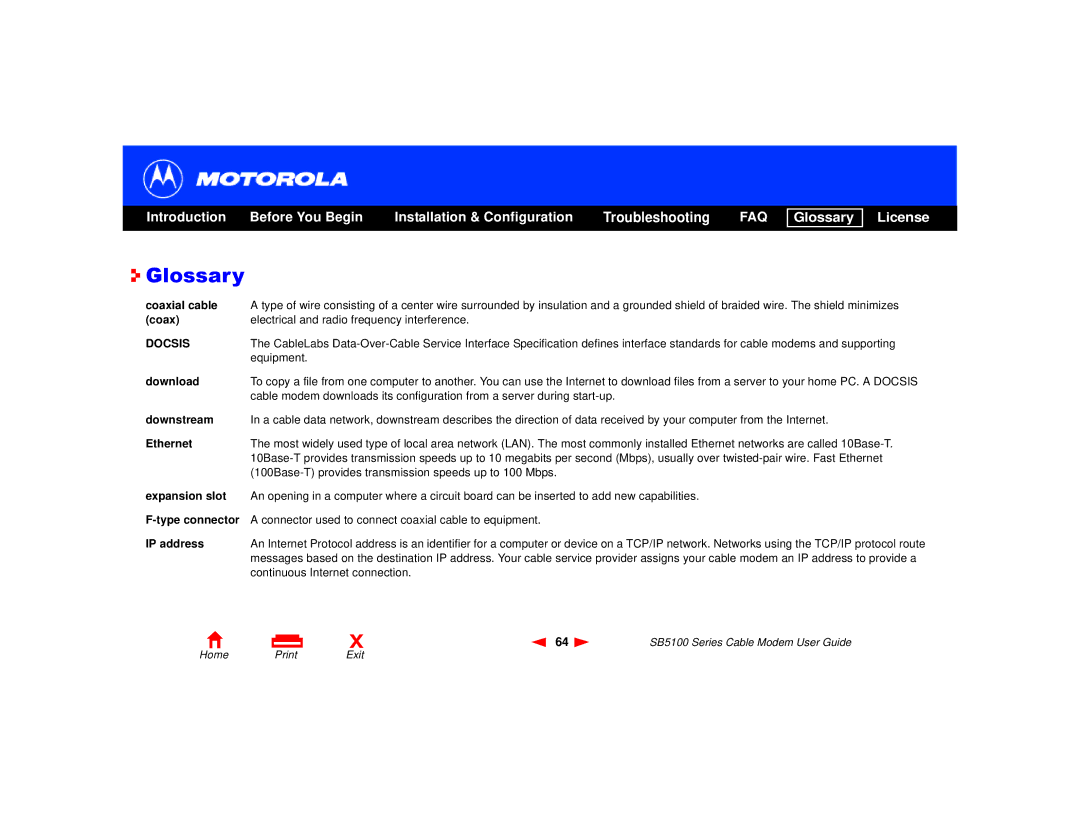 Motorola SB5100 Series, 505788-006-00 manual Glossary, Coaxial cable 