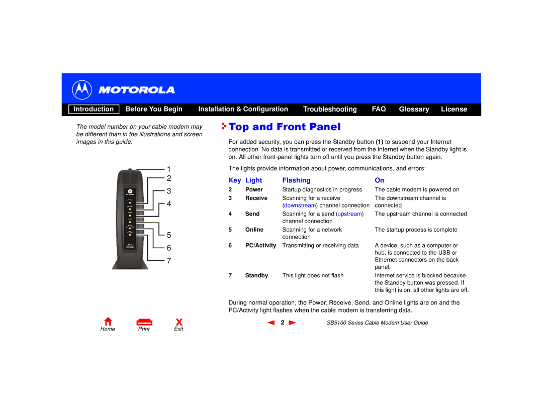 Motorola SB5100 Series, 505788-006-00 manual Top and Front Panel, Key Light Flashing 