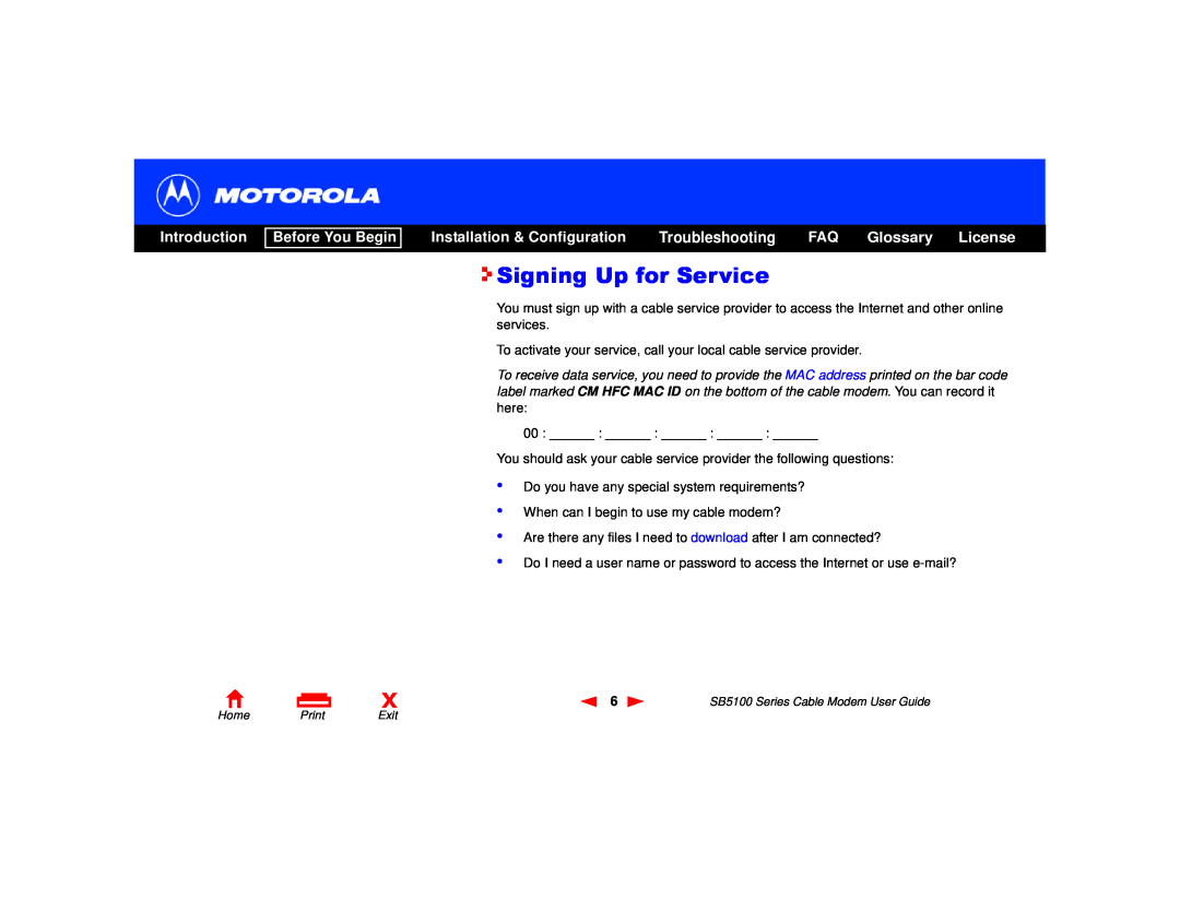 Motorola SB5100 Series Signing Up for Service, Glossary, Introduction, Before You Begin, Installation & Configuration 