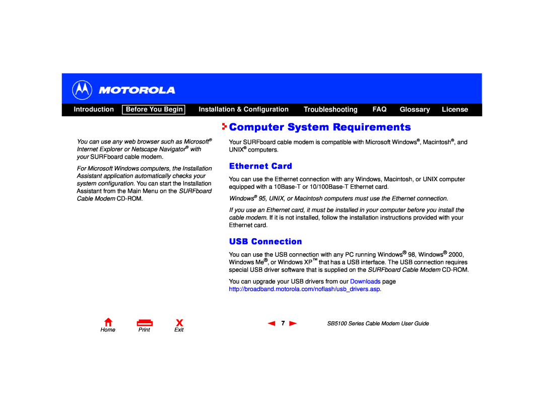 Motorola 505788-006-00 manual Computer System Requirements, Ethernet Card, USB Connection, Glossary, Introduction, License 