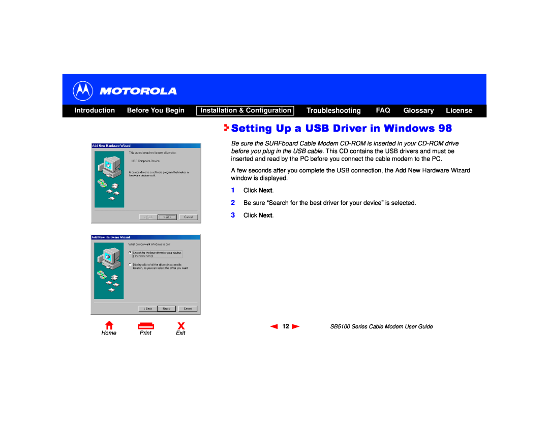 Motorola SB5100 Series Setting Up a USB Driver in Windows, Introduction Before You Begin, Installation & Configuration 