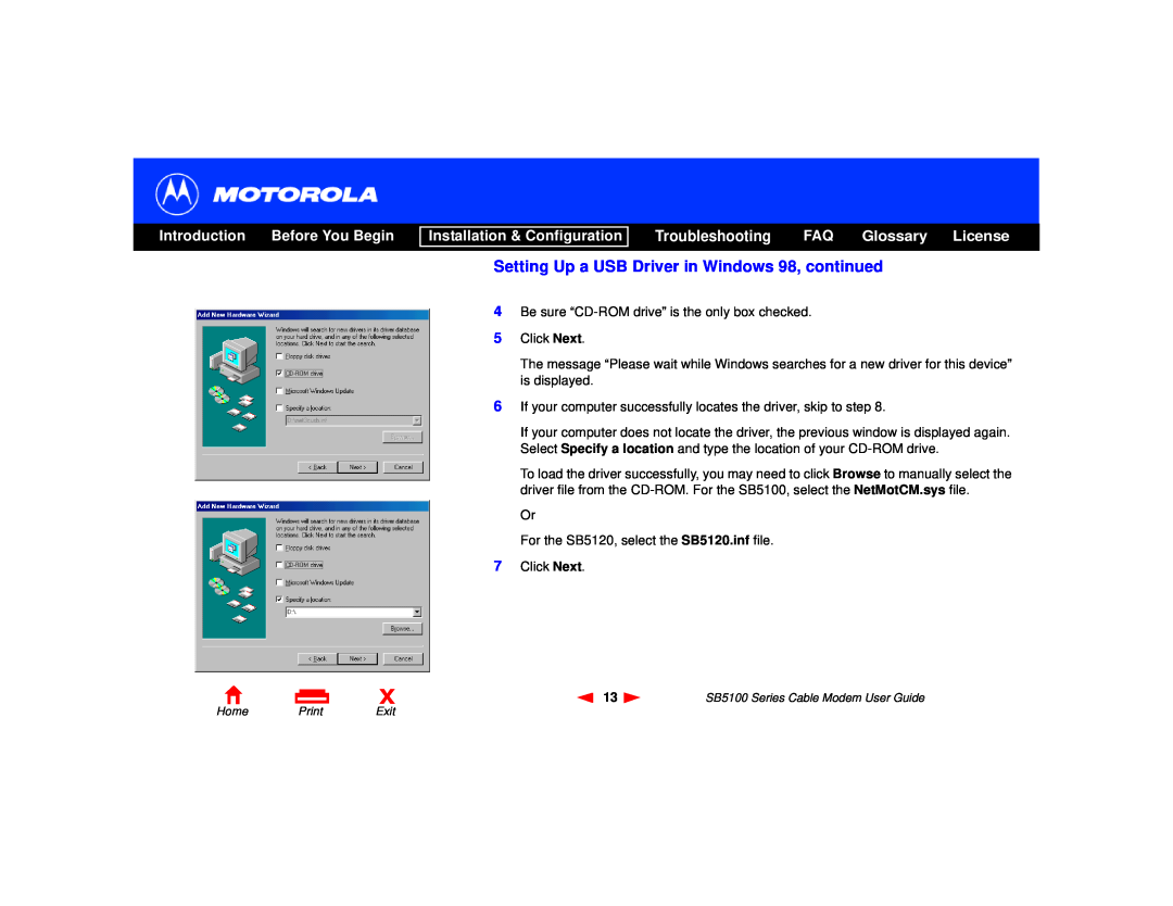 Motorola 505788-006-00, SB5100 Series manual Setting Up a USB Driver in Windows 98, continued, Introduction Before You Begin 