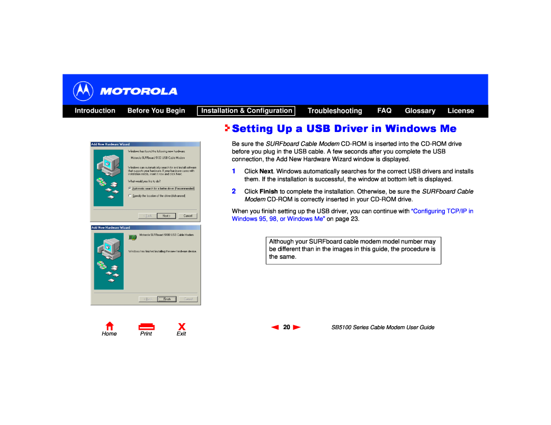 Motorola SB5100 Series Setting Up a USB Driver in Windows Me, Introduction Before You Begin, Installation & Configuration 