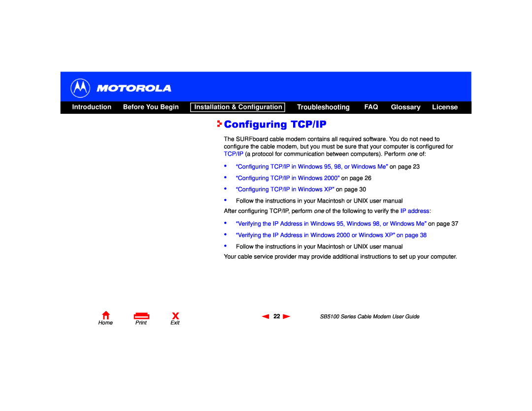 Motorola SB5100 Series, 505788-006-00 manual Configuring TCP/IP, Introduction Before You Begin, Installation & Configuration 