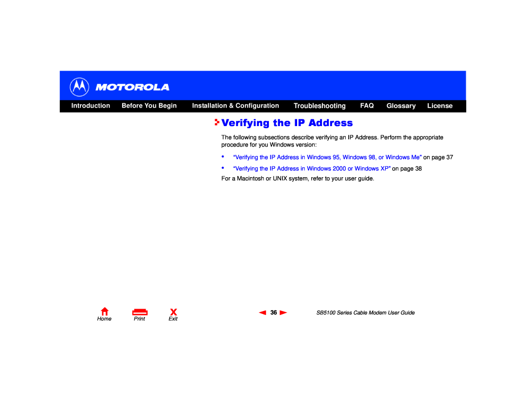 Motorola SB5100 Series manual Verifying the IP Address, Glossary, License, Introduction, Before You Begin, Troubleshooting 