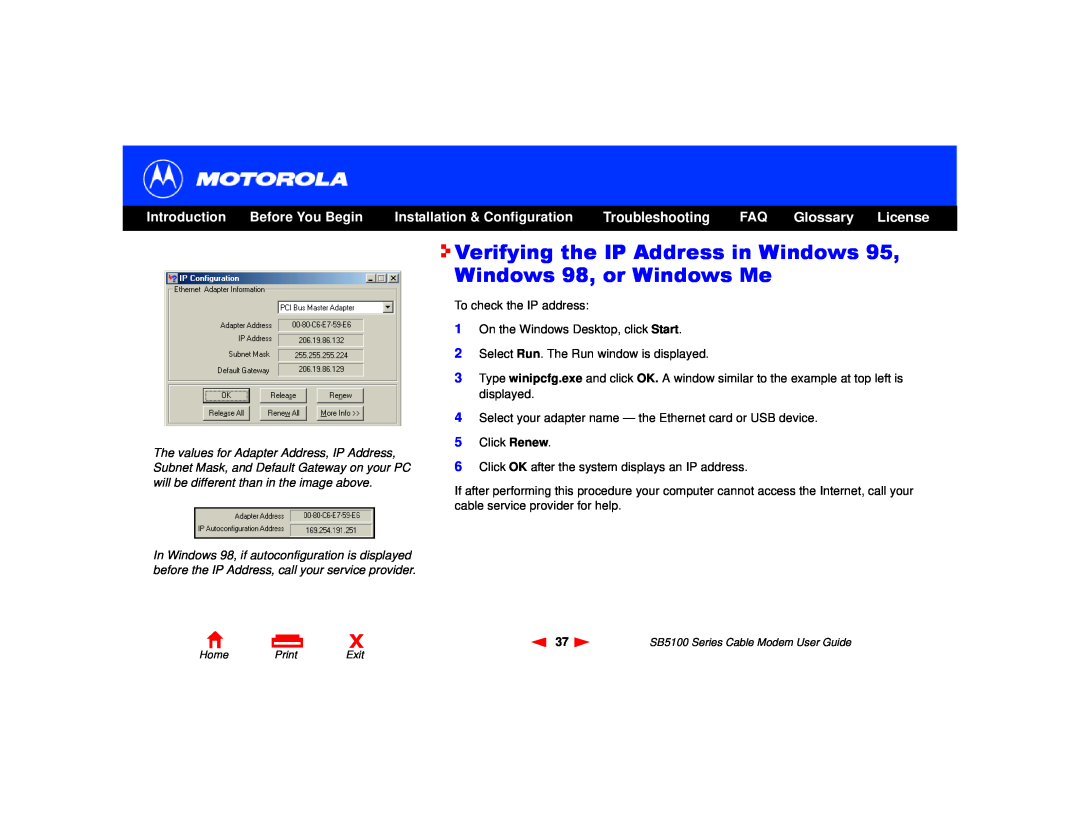 Motorola 505788-006-00 Verifying the IP Address in Windows 95, Windows 98, or Windows Me, Glossary, License, Introduction 