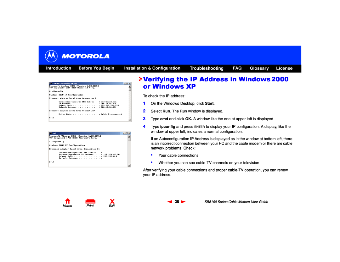 Motorola SB5100 Series manual Verifying the IP Address in Windows 2000 or Windows XP, Glossary, License, Introduction 