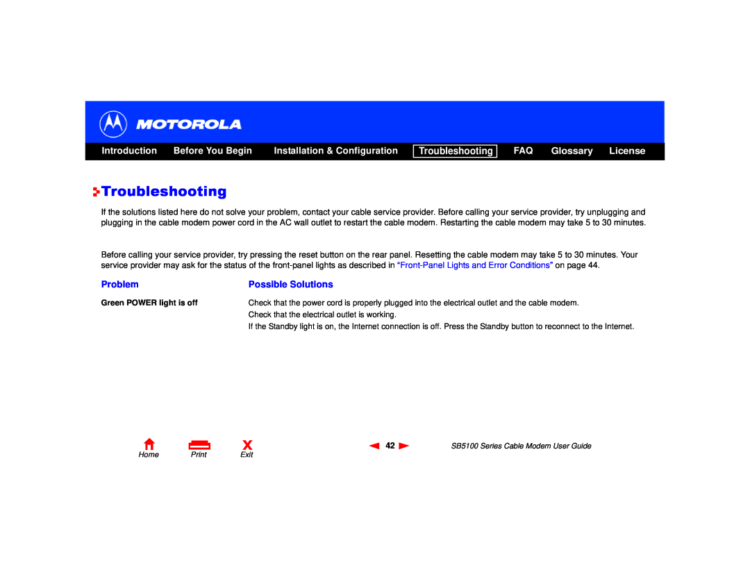 Motorola SB5100 Series Troubleshooting, FAQ Glossary License, Introduction, Before You Begin, Installation & Configuration 