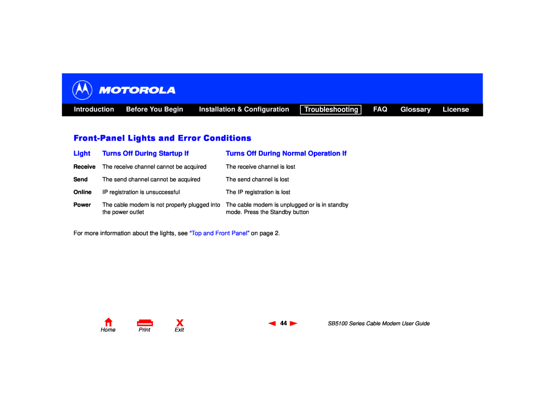 Motorola SB5100 Series Front-Panel Lights and Error Conditions, FAQ Glossary License, Introduction, Before You Begin, Send 