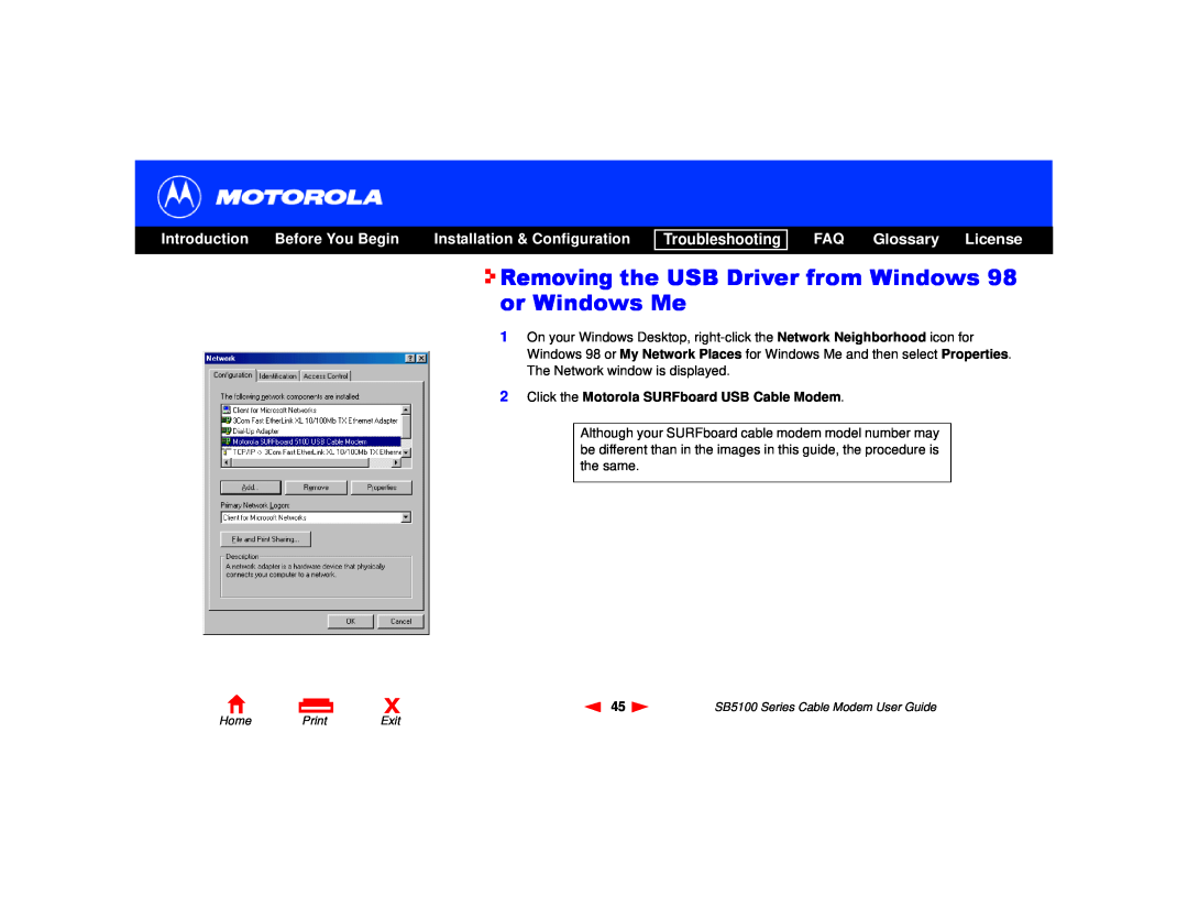 Motorola 505788-006-00 manual Removing the USB Driver from Windows 98 or Windows Me, FAQ Glossary License, Introduction 