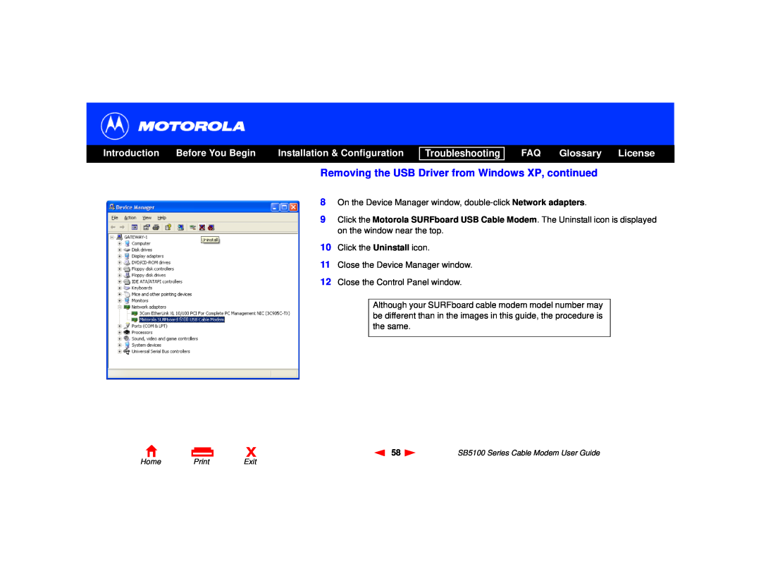 Motorola SB5100 Series FAQ Glossary License, Introduction, Before You Begin, Installation & Configuration, Troubleshooting 