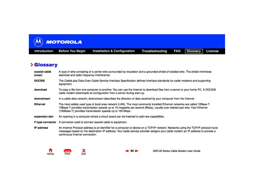 Motorola SB5100 Series Glossary, License, Introduction Before You Begin, Installation & Configuration, Troubleshooting 