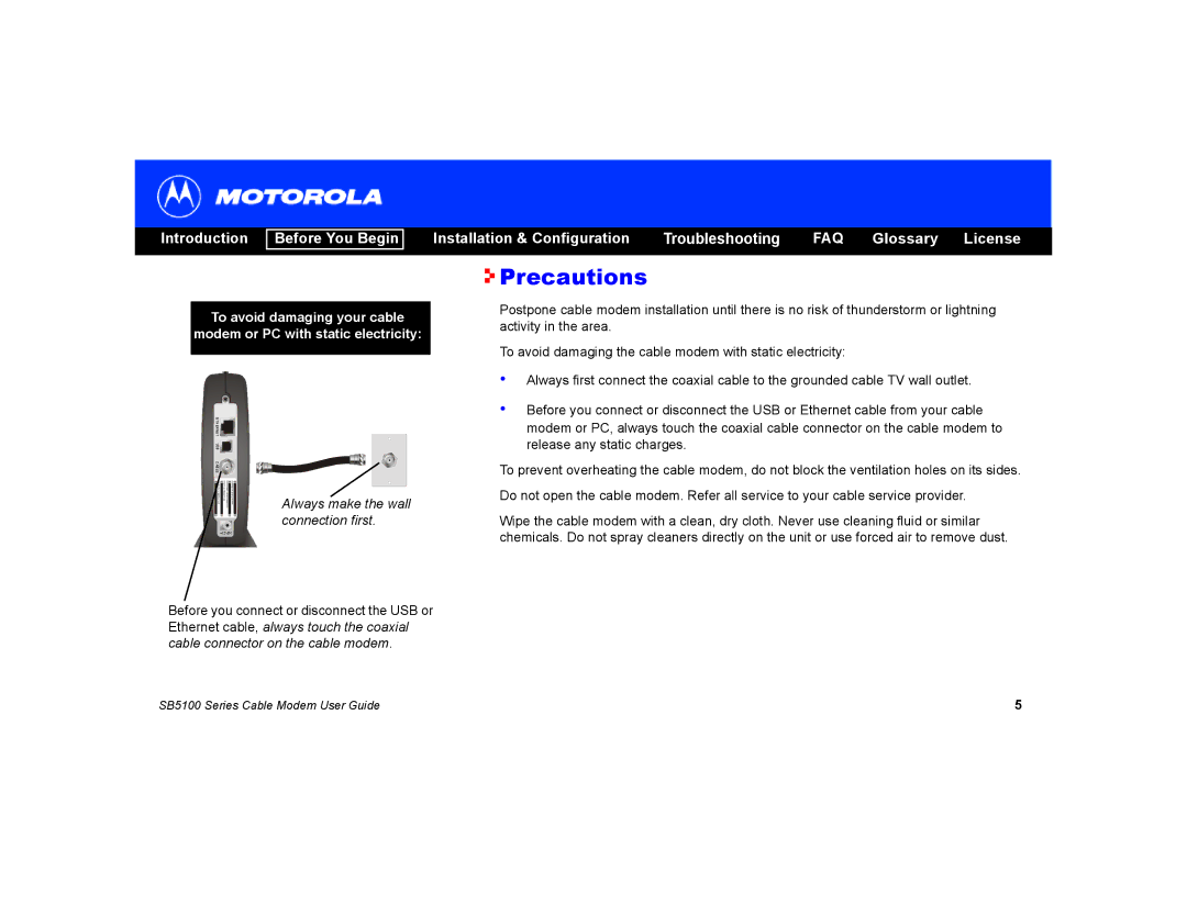 Motorola SB5100 manual Precautions, Ethernet 