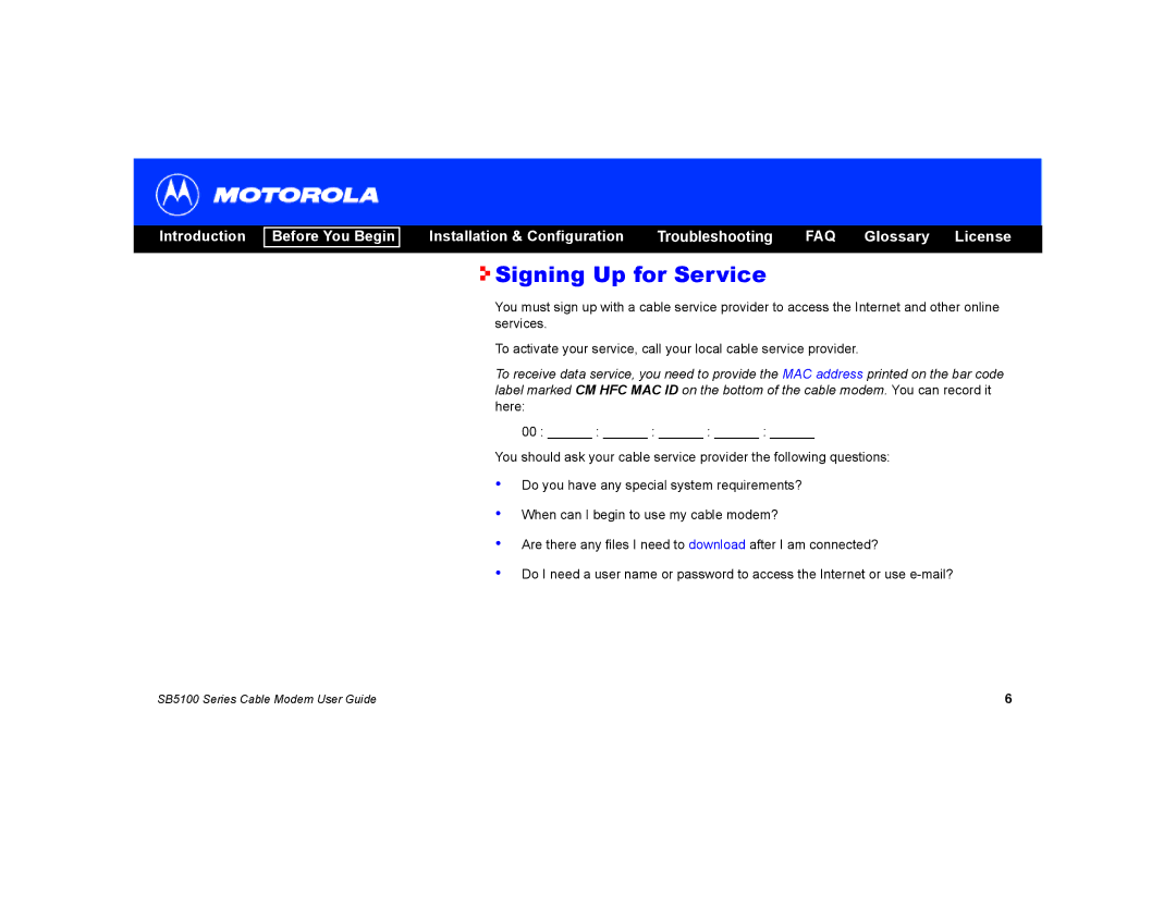 Motorola SB5100 manual Signing Up for Service 