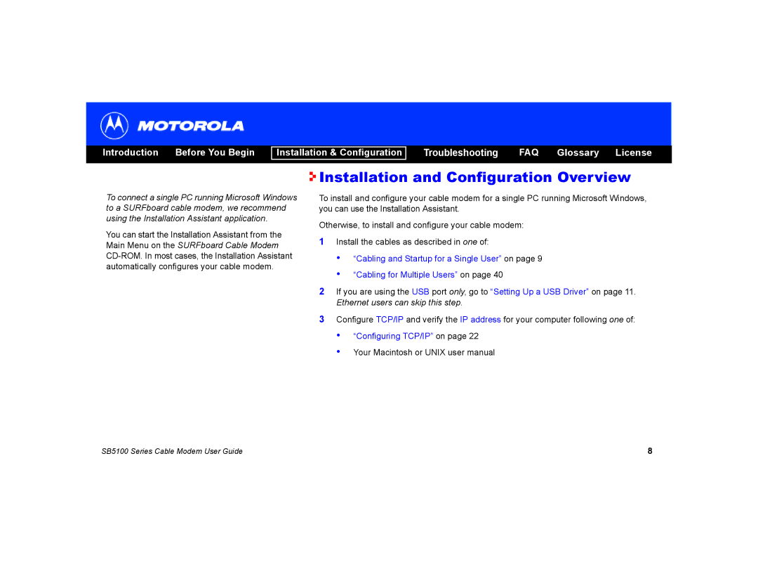 Motorola SB5100 manual Installation and Configuration Overview 