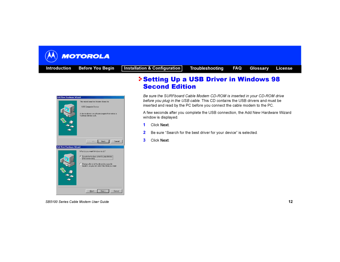 Motorola SB5100 manual Setting Up a USB Driver in Windows 98 Second Edition 