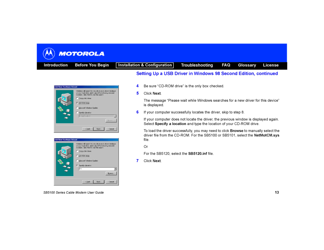 Motorola SB5100 manual Setting Up a USB Driver in Windows 98 Second Edition 